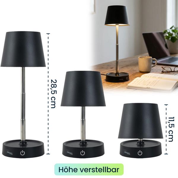 Edle LED Tischleuchte dimmbar & aufladbar: Akku Nachttischlampe modern, Höhe verstellbar, warmweiss - kabellose Leselampe in Edelstahl-Design