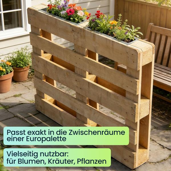 2er-Set Premium Pflanzkasten für Europaletten aus verzinktem Metall, Paletteneinsatz mit 3 Ablauflöchern, Blumenkasten für Palettenmöbel, Silber