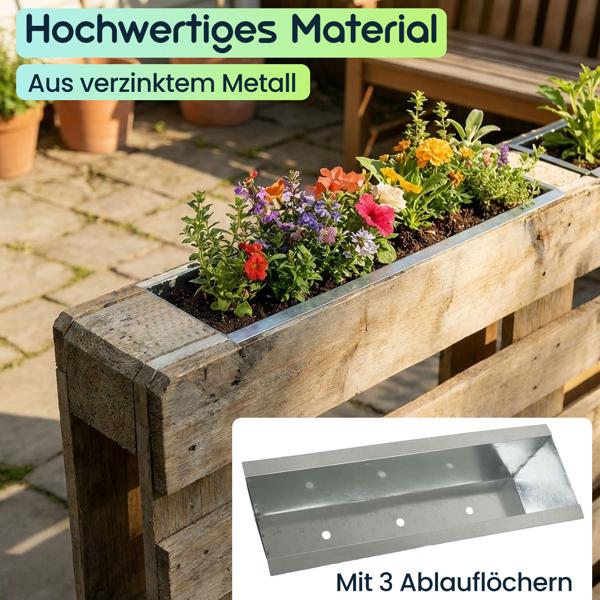 2er-Set Premium Pflanzkasten für Europaletten aus verzinktem Metall, Paletteneinsatz mit 3 Ablauflöchern, Blumenkasten für Palettenmöbel, Silber