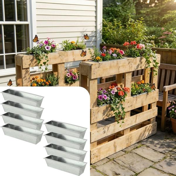 Set di 8 fioriere premium per pallet europei in metallo zincato, inserto per pallet con 3 fori di scarico, cassetta da fiori per mobili in pallet, argento