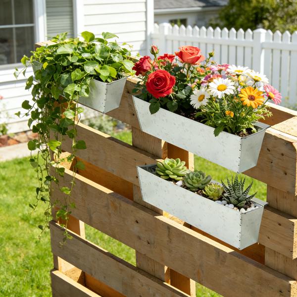 Set di 6 fioriere premium per pallet Europe con barra di sospensione in metallo zincato, inserto per pallet e cassetta da balcone per corrimano fino a 2,5 cm di larghezza, argento