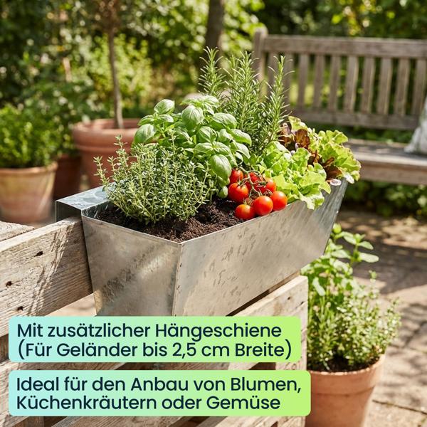 Premium Pflanzkasten für Europaletten mit Hängeschiene aus verzinktem Metall,  Paletteneinsatz & Balkonkasten für Geländer bis 2,5 cm Breite, Silber