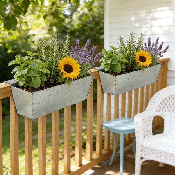 Set di 6 fioriere premium per pallet Europe con barra di sospensione in metallo zincato, inserto per pallet e cassetta da balcone per corrimano fino a 2,5 cm di larghezza, argento