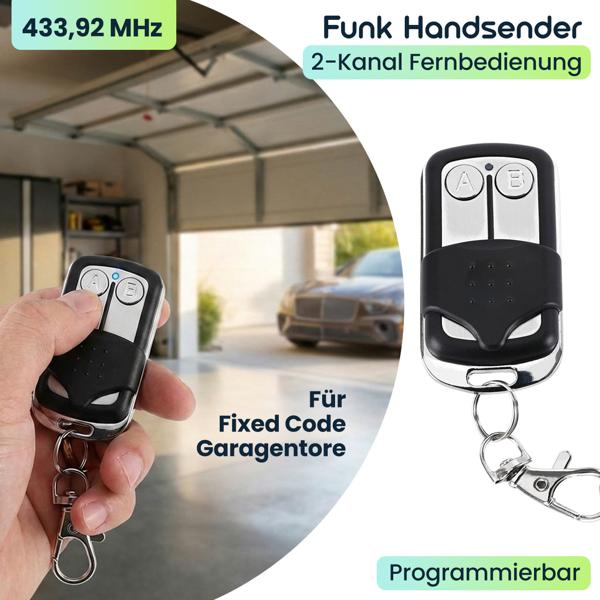 Funk Handsender 433,92 MHz für Fixed Code Garagentore, 2-Kanal Fernbedienung programmierbar, AM/FM Modulation, inklusive Schlüsselanhänger