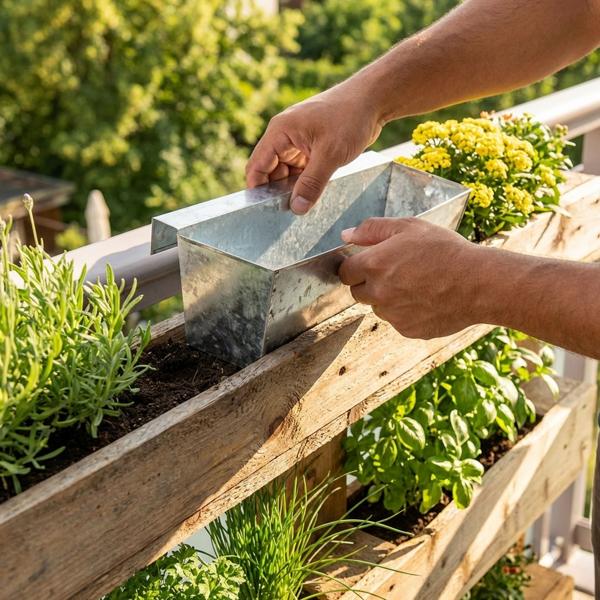 Lot de 2 bacs à plantes premium pour palettes Europe avec rail de suspension en métal galvanisé, insert de palette et jardinière de balcon pour garde-corps jusqu‘à 2,5 cm de large, argent