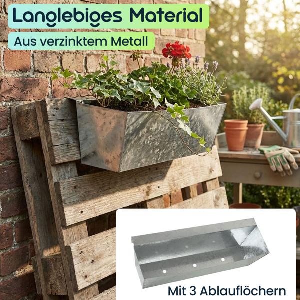 2er-Set Premium Pflanzkasten für Europaletten mit Hängeschiene aus verzinktem Metall,  Paletteneinsatz & Balkonkasten für Geländer bis 2,5 cm Breite, Silber