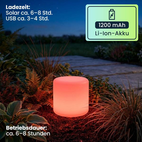 2er-Set Moderne LED Solar Zylindrische Tischlampe & Gartenleuchte mit Erdspiess, RGBW Farbwechsel, USB aufladbar, IP44 wetterfest 
