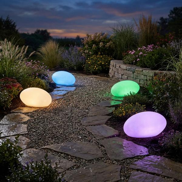 Lot de 4 élégantes pierres solaires LED pour jardin IP44 : pierre décorative avec changement de couleur & pique de sol, blanc chaud & multicolore, projecteur solaire résistant aux intempéries, 22,4 cm