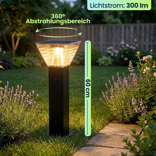 2er-Set Premium Solar Säulen-Wegeleuchte 60cm aus Aluminium in Schwarz, 300lm, IP65 wasserfest, 360° Abstrahlung, 2 Lichtfarben & Leuchtmodi, Gartenlampe