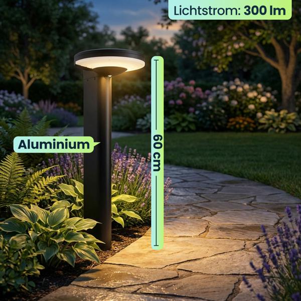 6er-Set Premium Solar Säulen-Wegeleuchte aus Aluminium in Schwarz, 300lm helle SMD-LEDs, Dämmerungssensor & 2 Leuchtmodi, wetterfeste Gartenlampe modern