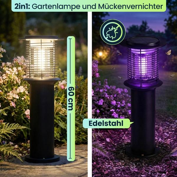 6er-Set Solar Gartenlampe mit Mückenvernichter aus Edelstahl, 2in1 LED Wegeleuchte Schwarz, Warmweiss 300lm & UV Insektenschutz 15lm, IP44, 25 x 60 cm