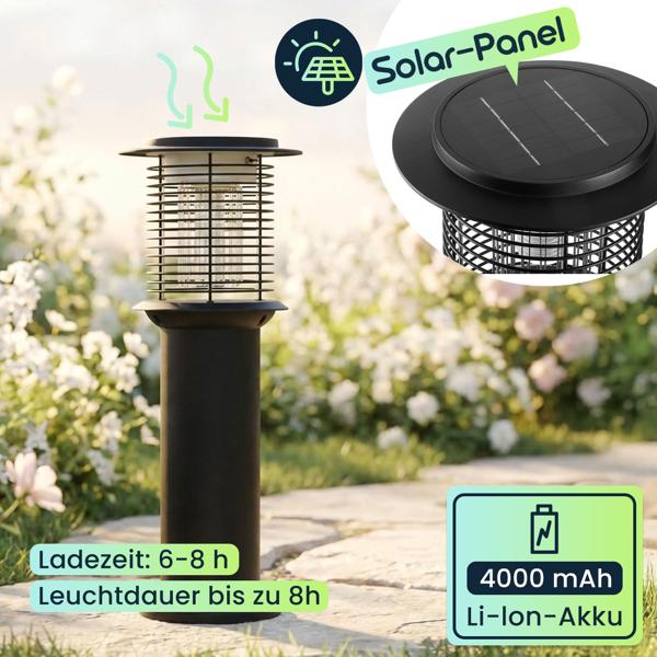 6er-Set Solar Gartenlampe mit Mückenvernichter aus Edelstahl, 2in1 LED Wegeleuchte Schwarz, Warmweiss 300lm & UV Insektenschutz 15lm, IP44, 25 x 60 cm