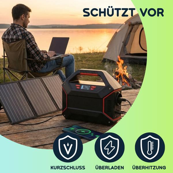 Powerstation 155Wh 42000mAh Solar-Generator Set inkl. 21W Solarpanel, 230V AC Steckdose, USB-C QC 3.0, DC Output & LED für Camping