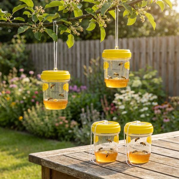 Piège à guêpes et à mouches lot de 4 à suspendre ou à poser, piège à insectes jaune sans poison, rechargeable et efficace pour le jardin et le balcon