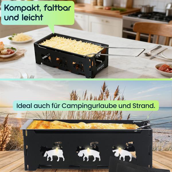 3er-Set Faltbares Raclette-Teelicht für 1-2 Personen, Raclette Set ohne Strom inkl. Teelichtern und Schaber, Metall mit originell ausgestanzten Kühen, antihaftbeschichtet