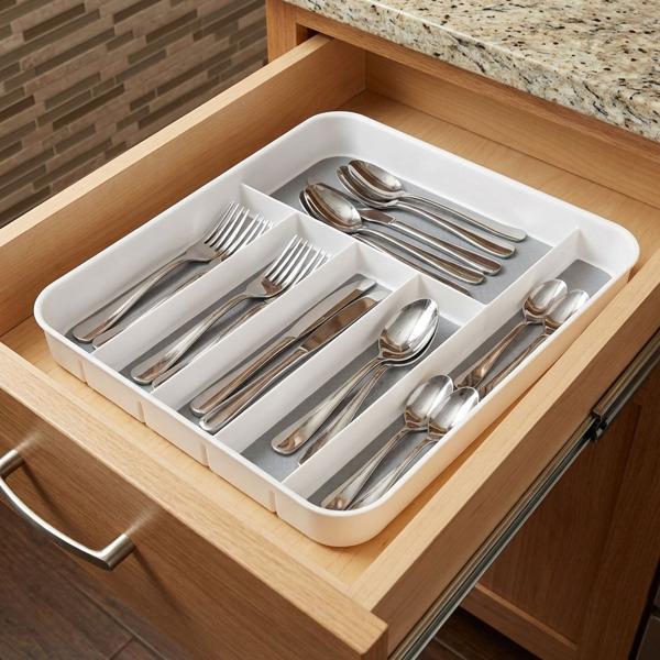 Besteckeinsatz mit Antirutsch-Boden: Robuster Schubladen-Organizer für Küche - Modernes Weiss-Grau Design