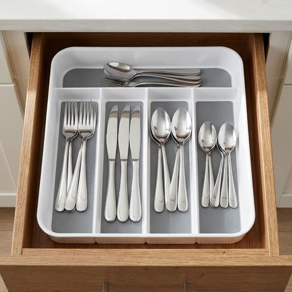 Besteckeinsatz mit Antirutsch-Boden: Robuster Schubladen-Organizer für Küche - Modernes Weiss-Grau Design