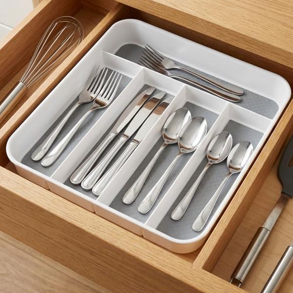 Besteckeinsatz mit Antirutsch-Boden: Robuster Schubladen-Organizer für Küche - Modernes Weiss-Grau Design