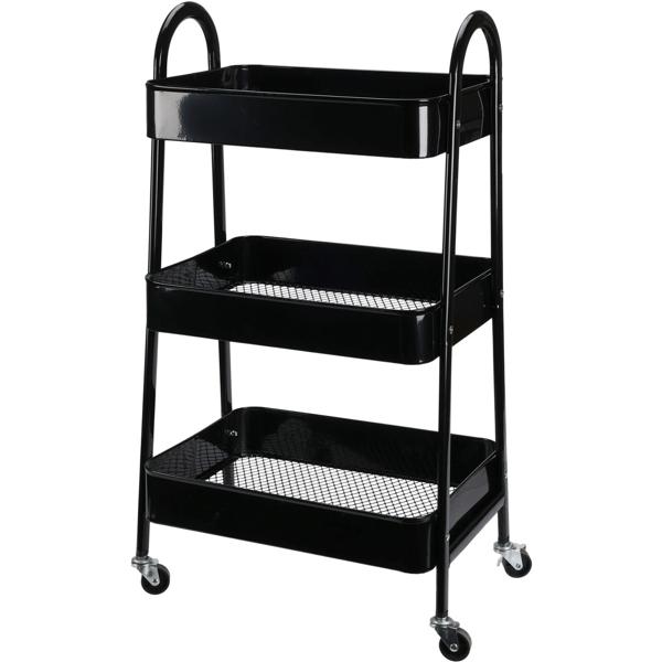 Sturdy black kitchen cart: 3-tier metal serving cart for kitchen, bathroom & office - space-saving, stable utility cart with wheels & 15 kg load capacity