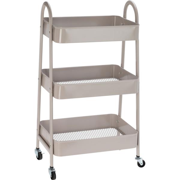 Robust taupe kitchen cart: 3-tier metal serving cart for kitchen, bathroom & office - Space-saving, sturdy multipurpose cart with wheels
