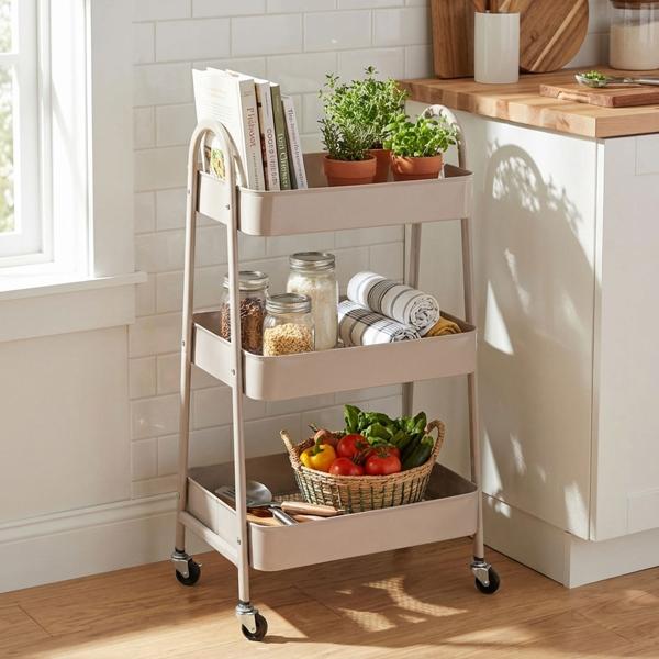 Robust taupe kitchen cart: 3-tier metal serving cart for kitchen, bathroom & office - Space-saving, sturdy multipurpose cart with wheels