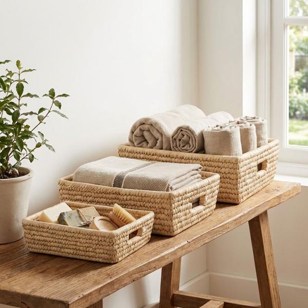 Stylish 3-piece storage basket set, rectangular, sturdy with handles for bathroom, shelving, bedroom & office – Organization made easy!