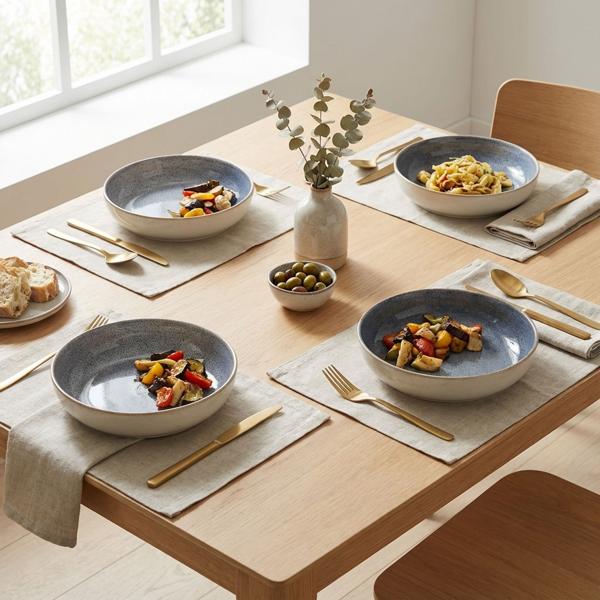 Speiseteller 4er-Set Ø22,5 x 5 cm aus robustem Steinzeug, Sandfarbe/Blau - Essteller für Hauptspeisen & Snacks. Perfekt für den modernen Esstisch