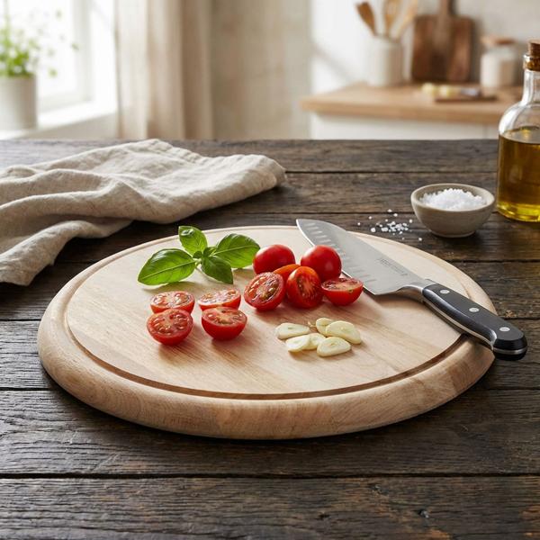Edles Schneidebrett rund 25cm - hochwertiges Holz-Frühstücksbrett, Tranchierbrett & Servierteller - Küchenbrett für Feinschmecker