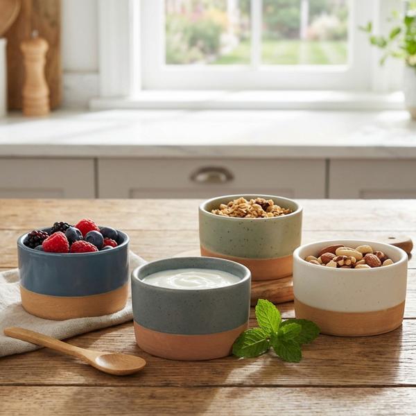 Elegant 4-piece stoneware bowl set: colourful dip bowls, mini bowls & snack bowls 6.5 x 4 cm – modern small serving bowls, chic & robust