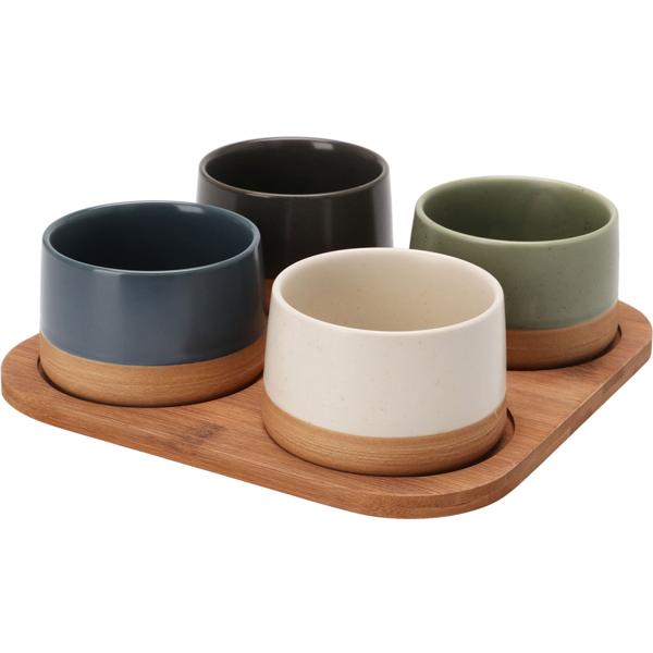Ensemble de bols raffiné 5 pièces : plateau en bambou foncé et 4 coupelles à dips colorées en grès – mini bols et bols à snacks 9,5 x 4,5 cm – moderne, chic et robuste