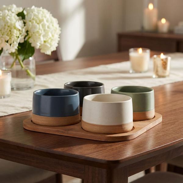 Ensemble de bols raffiné 5 pièces : plateau en bambou foncé et 4 coupelles à dips colorées en grès – mini bols et bols à snacks 9,5 x 4,5 cm – moderne, chic et robuste