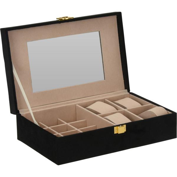 Elegant black jewelry box: Large jewelry case with mirror, beige velvet lining & gold clip, classy storage, 25 x 16 x 7 cm
