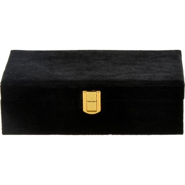 Elegant black jewelry box: Large jewelry case with mirror, beige velvet lining & gold clip, classy storage, 25 x 16 x 7 cm
