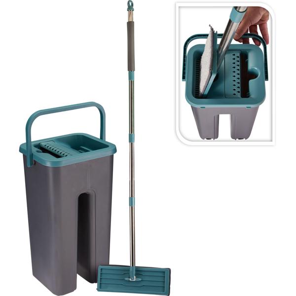 Mop and bucket with wringer set, double-compartment bucket for clean water, 112 cm metal handle, microfibre mop pad, floor mop for all hard floors