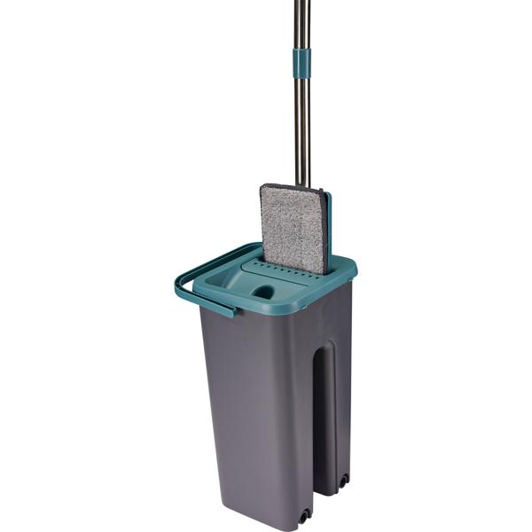 Mop and bucket with wringer set, double-compartment bucket for clean water, 112 cm metal handle, microfibre mop pad, floor mop for all hard floors