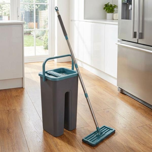 Mop and bucket with wringer set, double-compartment bucket for clean water, 112 cm metal handle, microfibre mop pad, floor mop for all hard floors