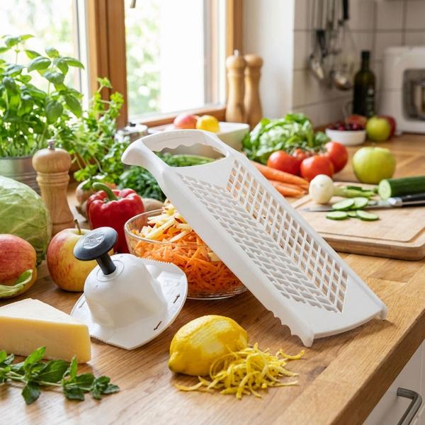 Set da 2: Porta-frutta di sicurezza e grattugia da cucina professionale con 2 superfici di grattugia – affettare senza sforzo e senza rischio & raffel per frutta, formaggio, verdura e zeste