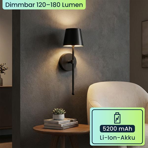 Elegante LED Wandleuchte kabellos mit Fernbedienung: Akku Wandlampe dimmbar in Schwarz, USB aufladbar mit Timer & Touch-Sensor