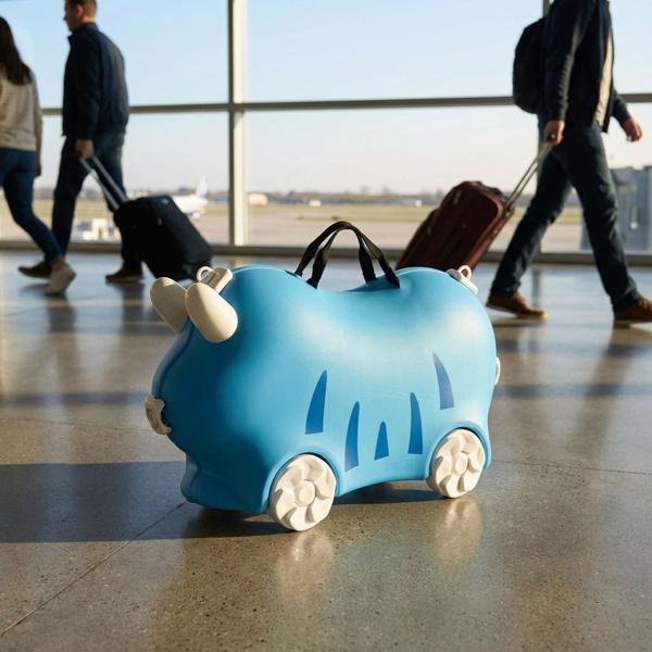 Robusto trolley rigido per bambini blu – Valigia stabile con funzione seduta per bambine e bambini, bagaglio per bambini colorato con ruote