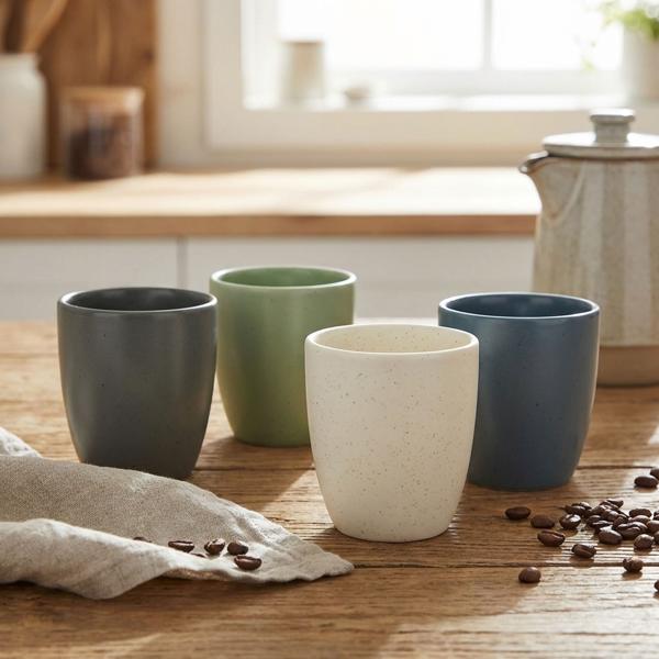 Set of 4 stoneware cups 80 ml, 4 colors – rustic handleless coffee cups & tea cups for hot drinks, coffee & espresso