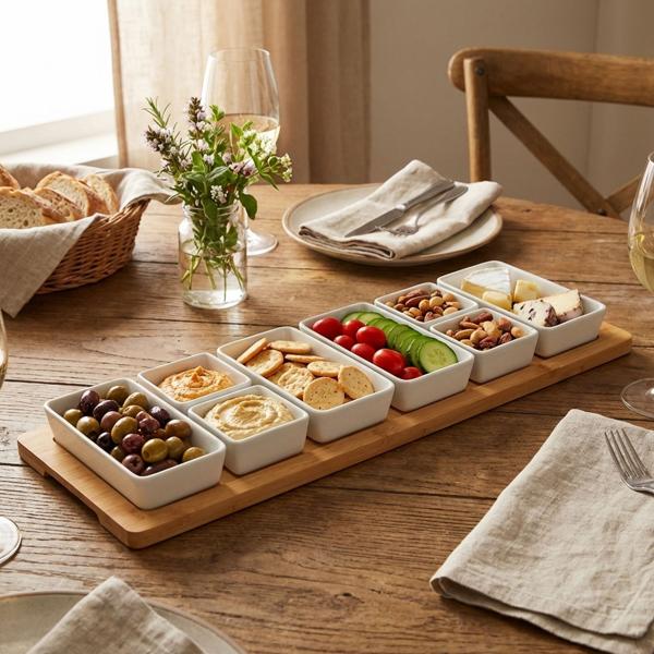 Elegant serving set, 8 porcelain bowls on bamboo tray, white - Tapas & apéro tray for stylish plating & serving