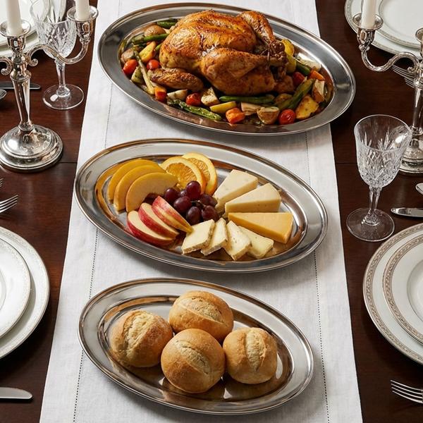 Stainless steel serving platter set, 3 pcs, oval, silver – Rust-free trays for serving roasts, fish & buffet – High-quality platters 34–45 cm