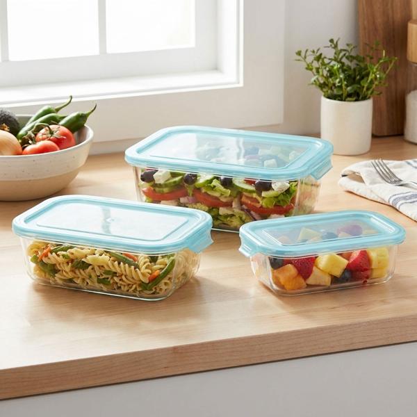 Set of 3 glass storage containers with lids – heat-resistant, ideal for oven & microwave, practical stackable solution for keeping food fresh