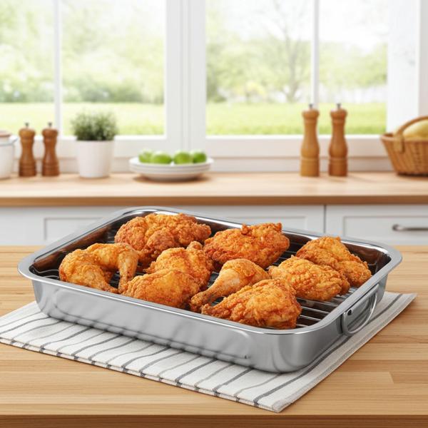 Stainless steel oven roasting pan with rack & handles - for roasting & baking meat, fish or vegetables - roasting tray for electric & gas ovens