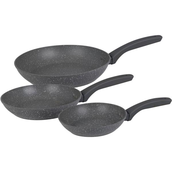Grey-marble 3-piece frying pan set (20, 24, 28 cm) with non-stick coating. For induction and all hob types – easy cooking without sticking
