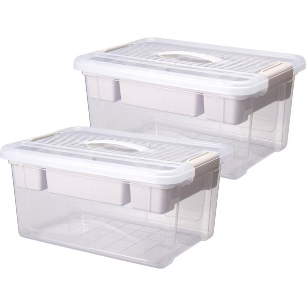 Lot de 2 grandes boîtes de rangement 16L avec organiseur et couvercle, transparentes, stables, parfaites pour le rangement à la maison, au bureau et en stock
