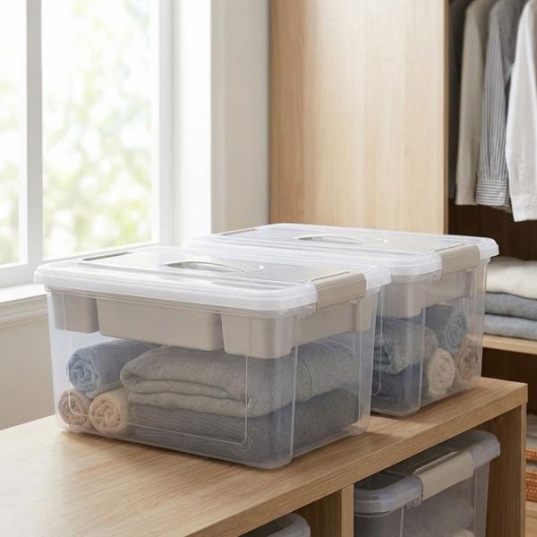 Lot de 2 grandes boîtes de rangement 16L avec organiseur et couvercle, transparentes, stables, parfaites pour le rangement à la maison, au bureau et en stock