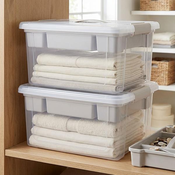 Lot de 2 grandes boîtes de rangement 16L avec organiseur et couvercle, transparentes, stables, parfaites pour le rangement à la maison, au bureau et en stock