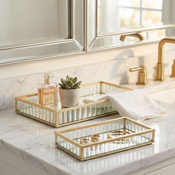 Lussuoso set di vassoi decorativi da 2 pezzi in vetro e metallo, oro – vassoio rettangolare portagioie e da portata, base per cosmetici – ideale per bagno e tavolo da trucco