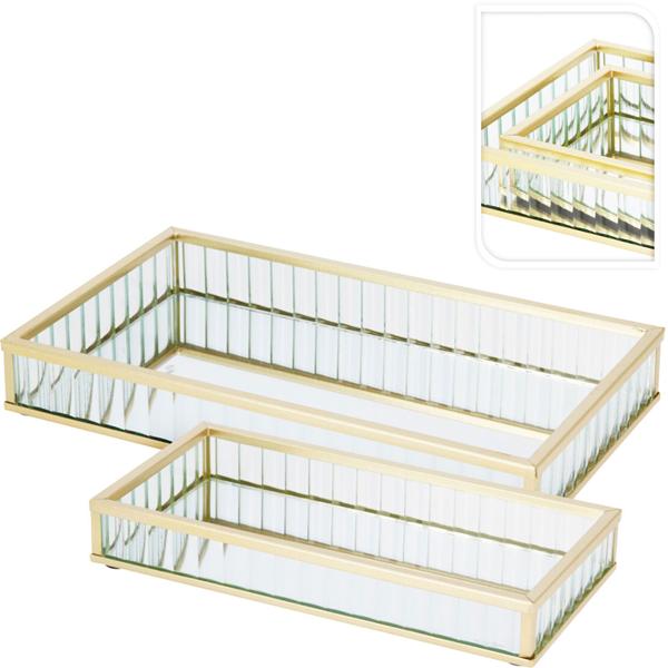 Luxueux ensemble de 2 plateaux décoratifs en verre et métal, doré – plateau rectangulaire pour bijoux et service, plateau pour cosmétiques – idéal pour la salle de bain et la coiffeuse